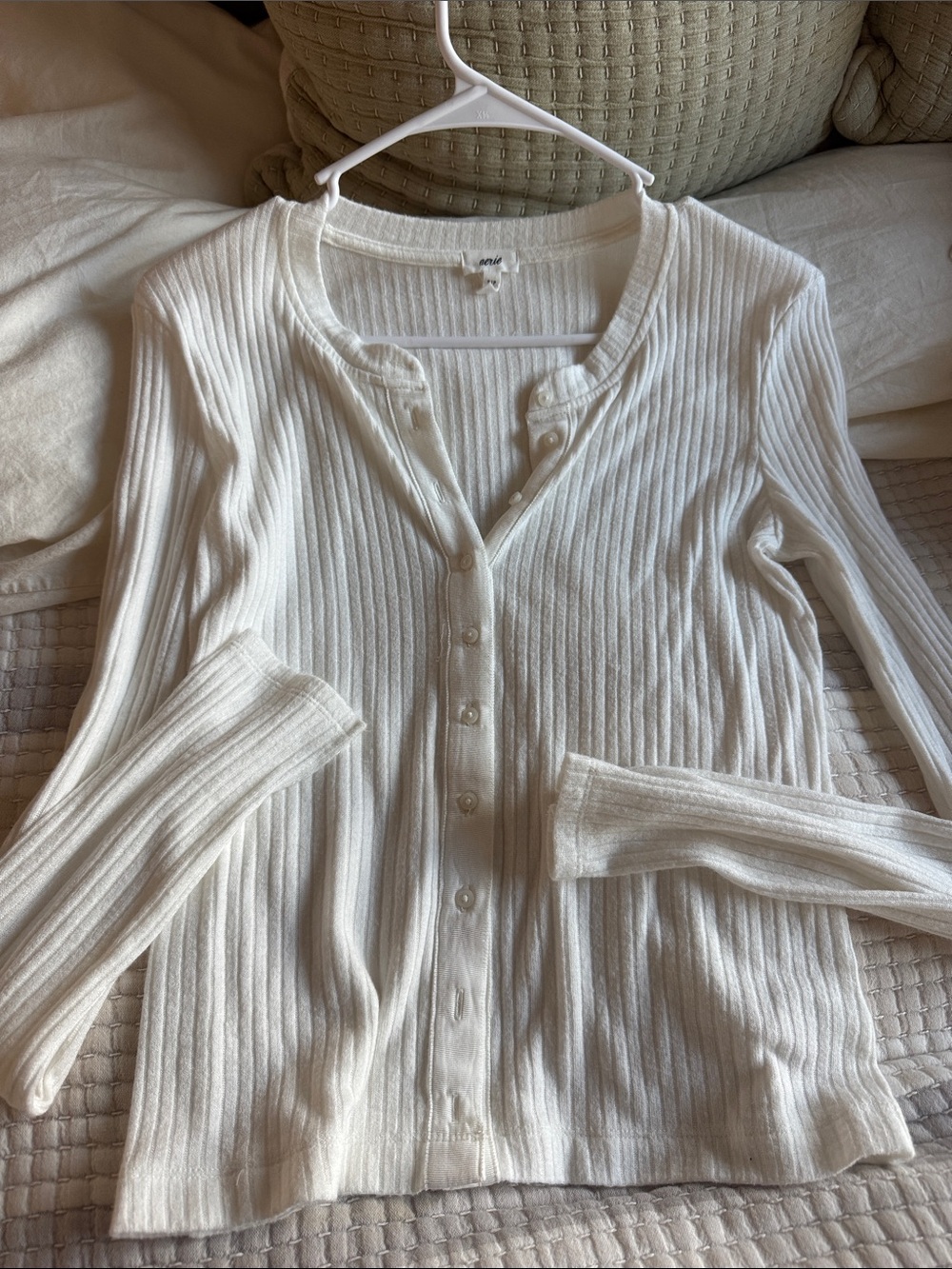 aerie White Ribbed Button-Down Long Sleeve Top